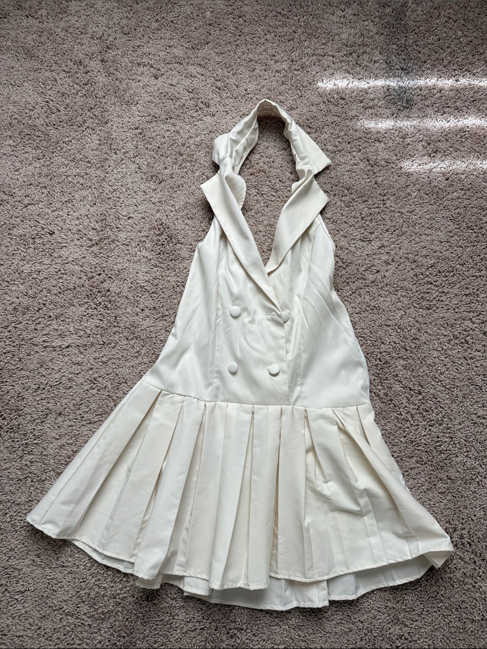 Cream Halter Pleated Mini Dress - Brand Not Visible